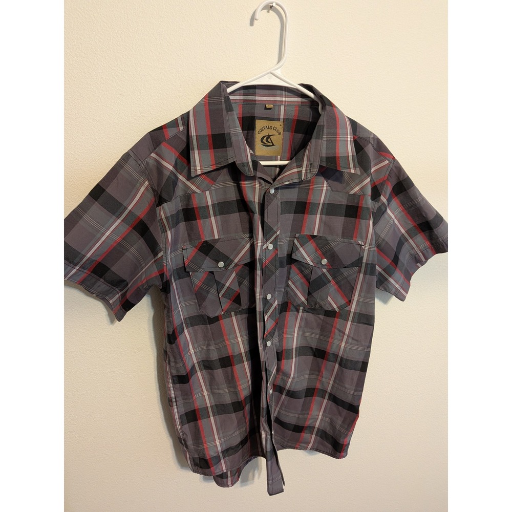 Coevals Club Mens Medium Plaid Western Snap Short Sleeve Shirt Gray Red Black